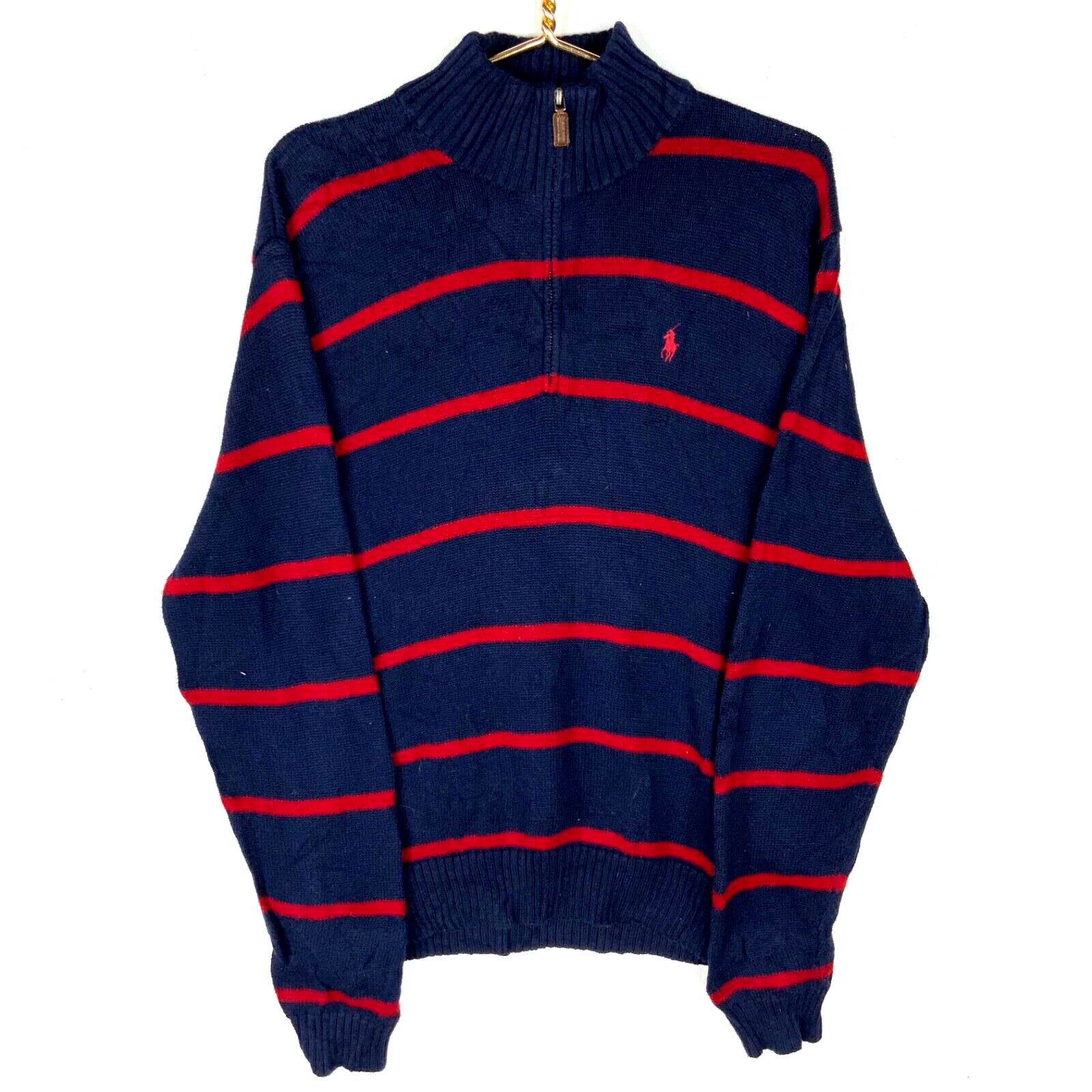 Vintage Polo Ralph Lauren Knit Sweater Large Blue 1/4 Zip Striped