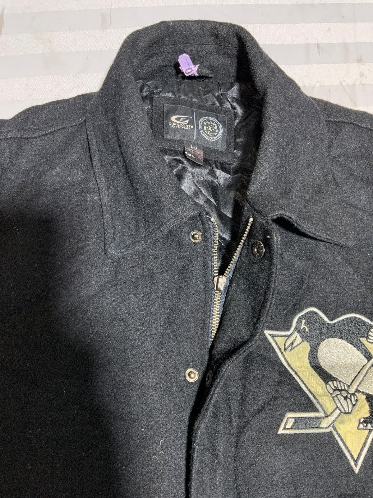 Pittsburgh Penguins G-III Wool Leather Jacket Large Full Zip Bomber Nhl