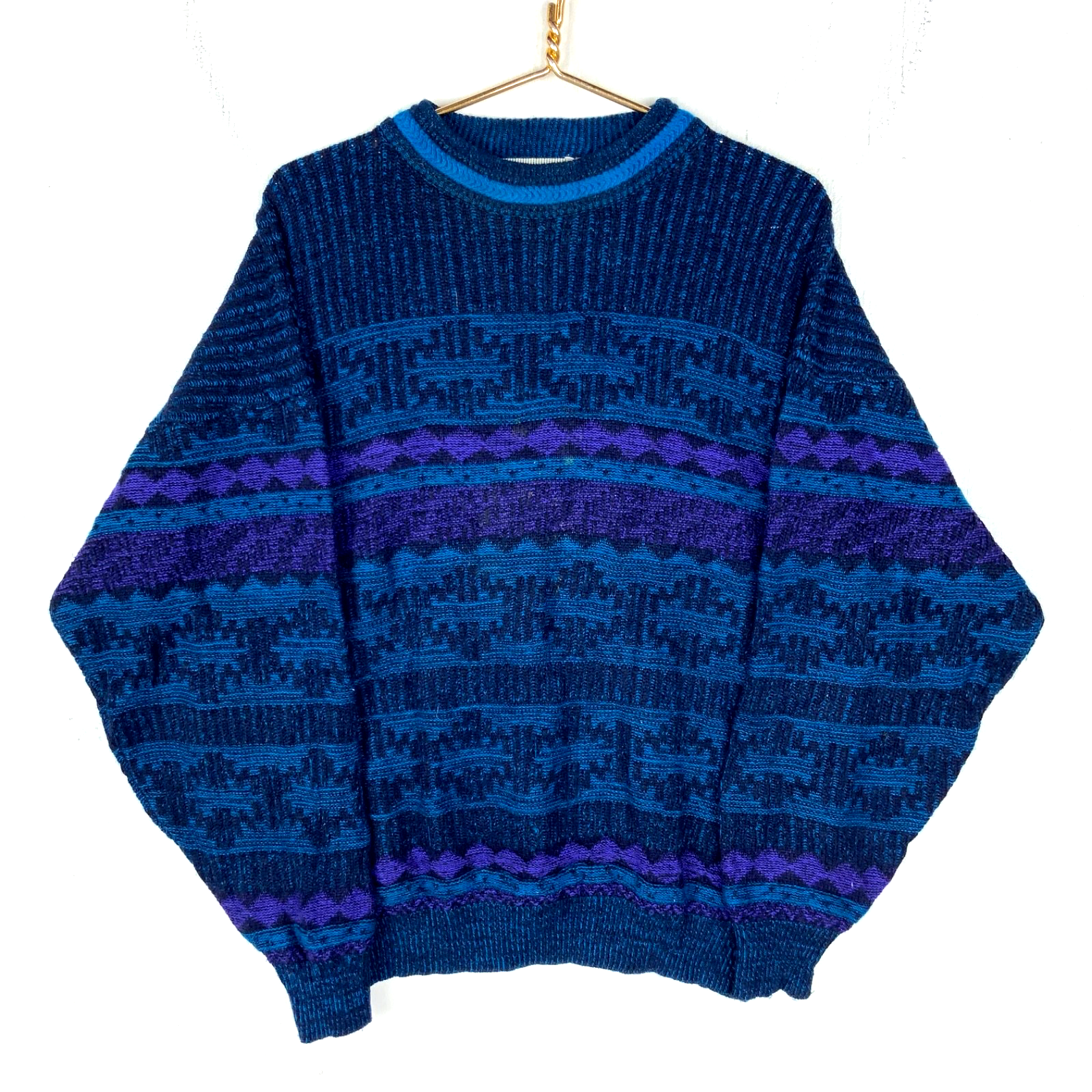Vintage 1990s Grandpa Knit Sweater XL Blue Crewneck Pattern