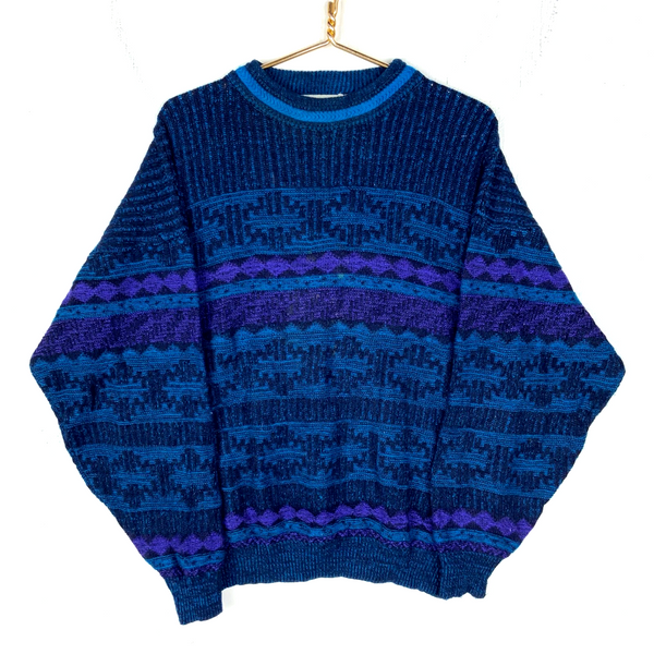 Vintage 1990s Grandpa Knit Sweater XL Blue Crewneck Pattern