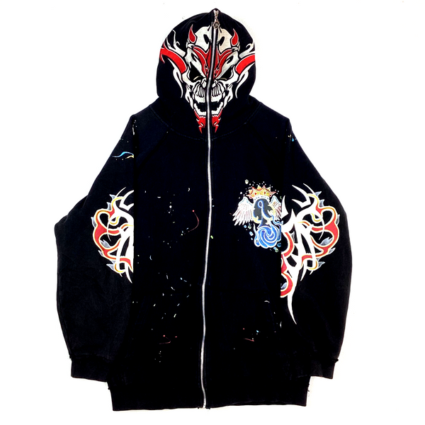 Y2K Skull Face Mask Sweatshirt Hoodie Size XL Black Full Zip Rhinestone
