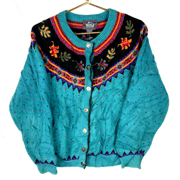 Vintage Woolrich Knit Sweater Women’s Large Blue Cardigan Pattern 90s