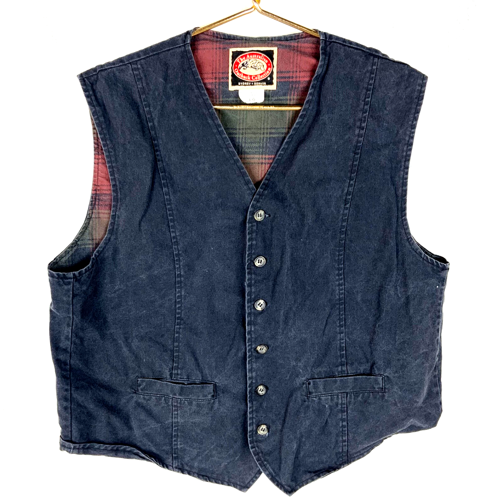 Vintage The Australian Outback Denim Jean Vest Large Black Plaid Lined 90s
