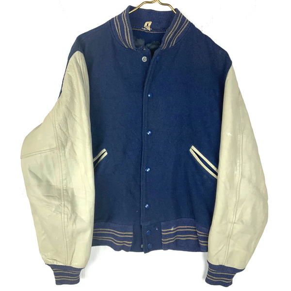 Vintage 1970s Butwin Wool Leather Jacket Large Blue Snap Button Varsity Bomber