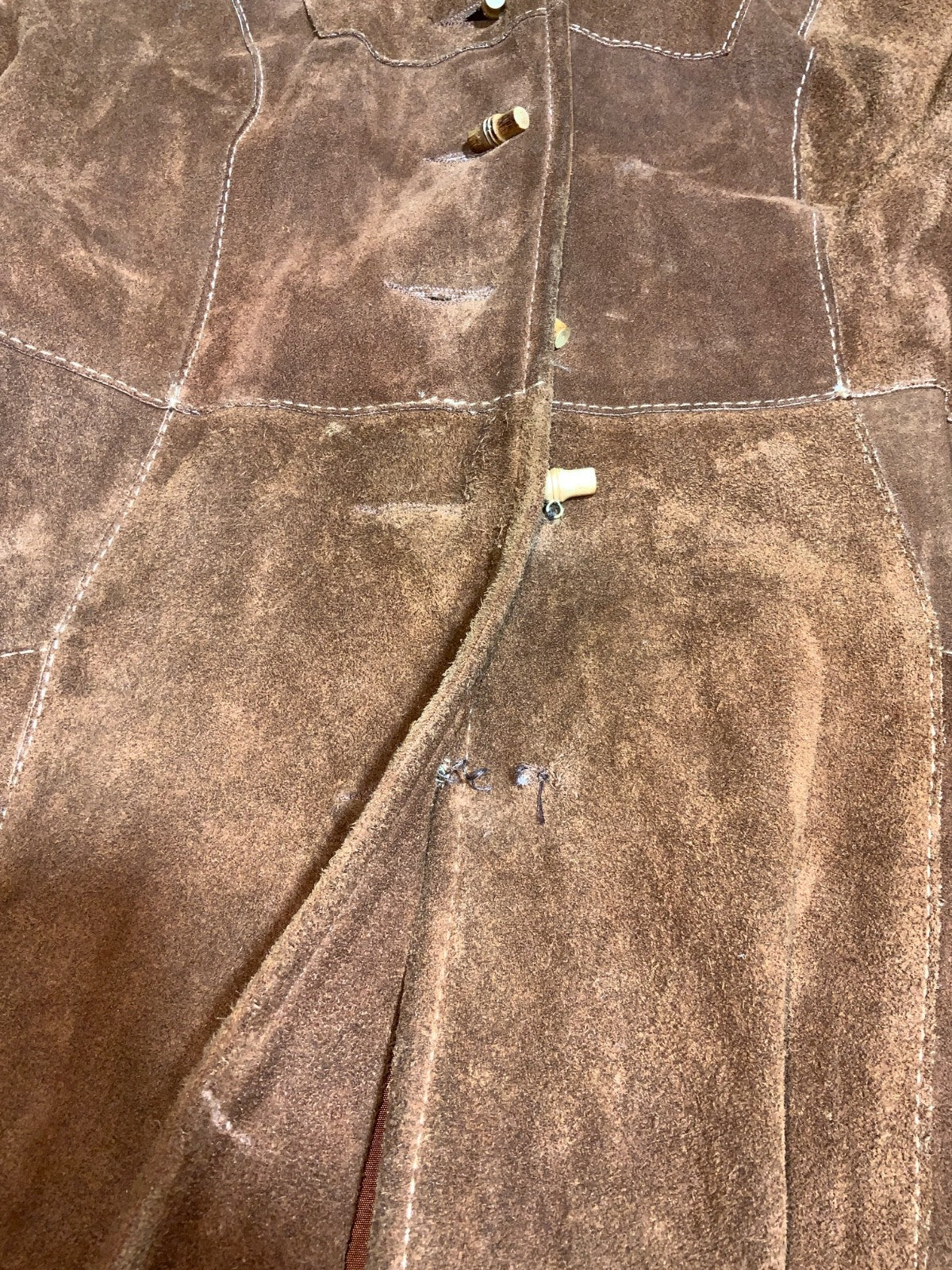 Vintage 1980s Suede Leather Trench Coat Jacket Small Brown Hooded Button Up