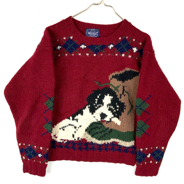Vintage Woolrich Grandma Knit Sweater Women's Size Small Red Wildlife Dogs 90s