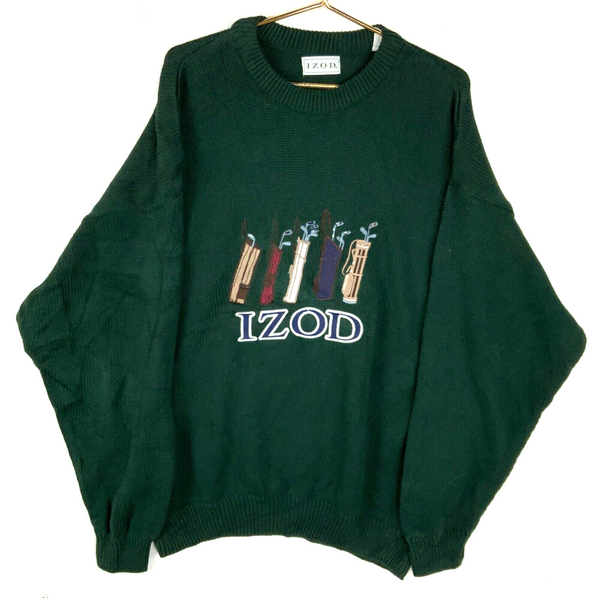 Vintage Izod Grandpa Knit Sweater Size XL Green Golf Carry Bag 90s