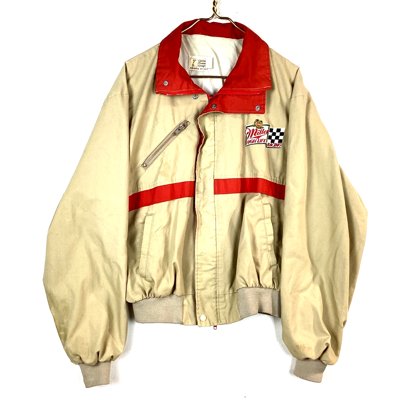 Vintage Miller HighLife Racing Bomber Jacket Size XL Beige Full Zip Windbreaker
