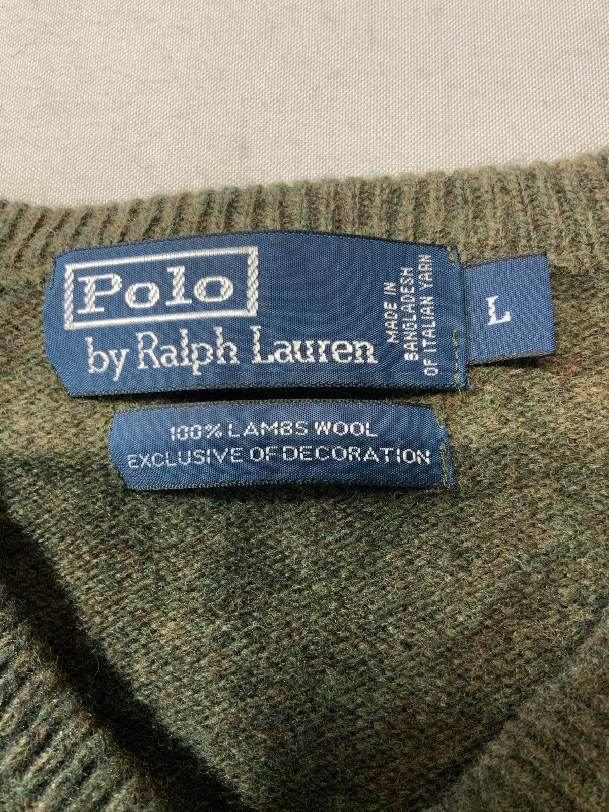 Vintage Polo Ralph Lauren Lambs Wool Knit Sweater Large Green V-neck 90s