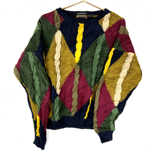 Vintage 1990s Grandpa Cable Hand Knit Sweater XL Multicolor Crewneck Argyle