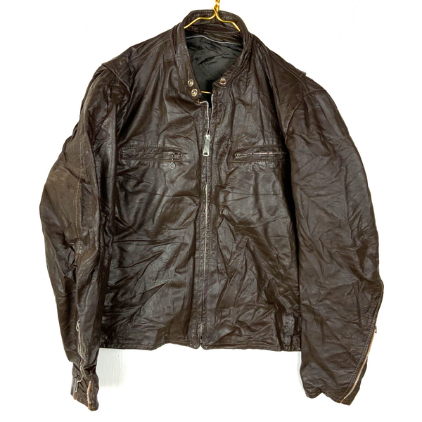 Vintage 1980s Leather Cafe Racer Jacket Size Medium Brown Full Zip