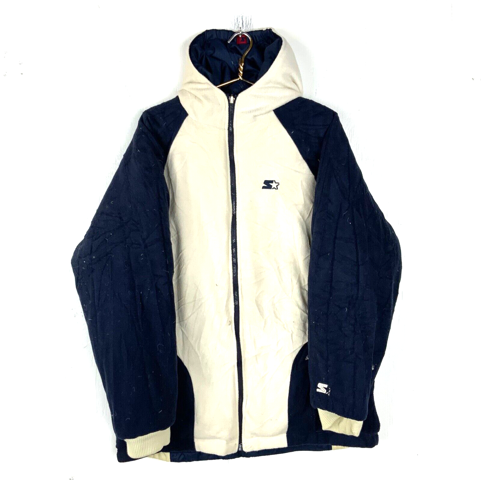 Vintage Starter Insulated Puffer Jacket Large Blue Fleece Lined Reversible 90s