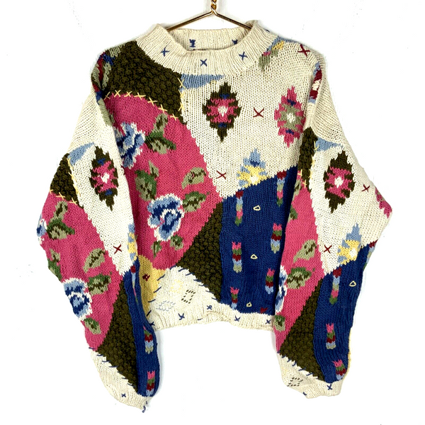 Vintage Woolrich Hand Knit Sweater Women’s Large Multicolor Floral 90s
