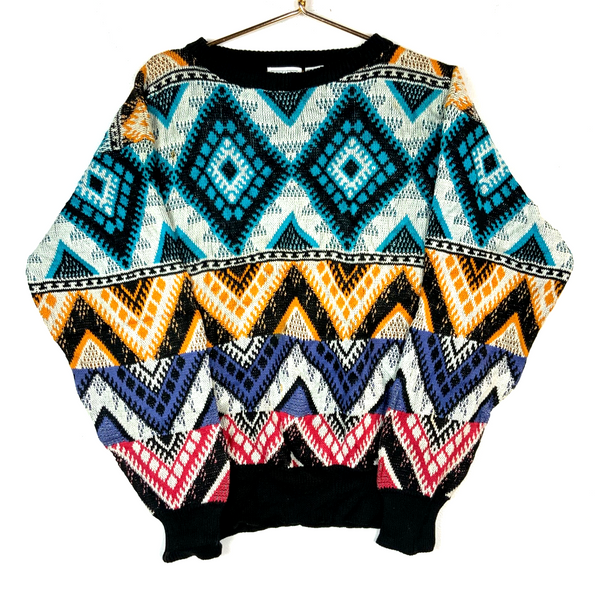 Vintage 1990s Knit Grandpa Sweater Medium Multicolor Crewneck Argyle 90s