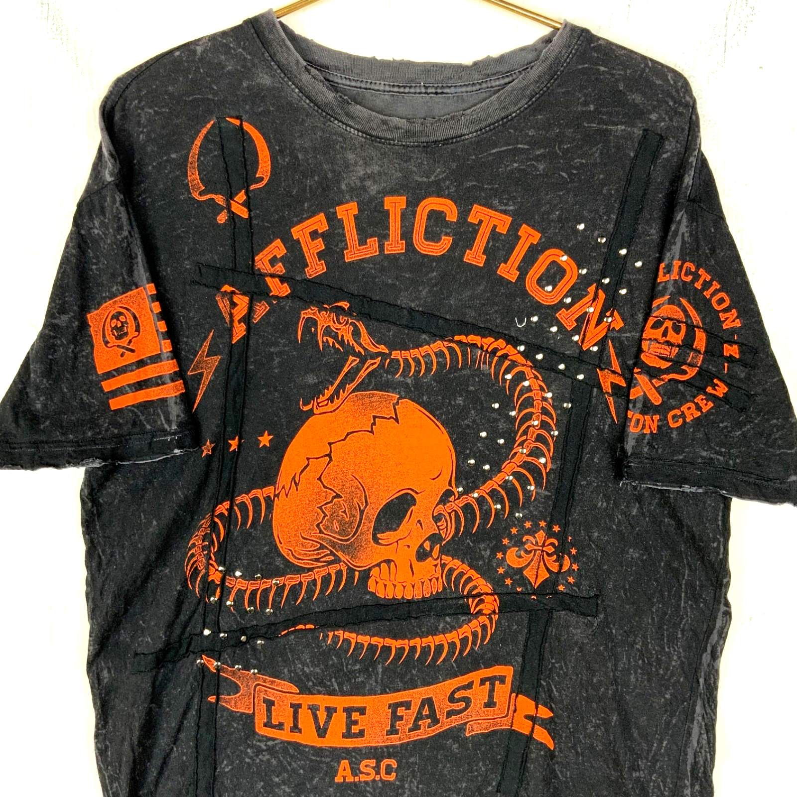 Affliction T-Shirt Large Black Double Sided Live Fast Snake Skull All Over Print