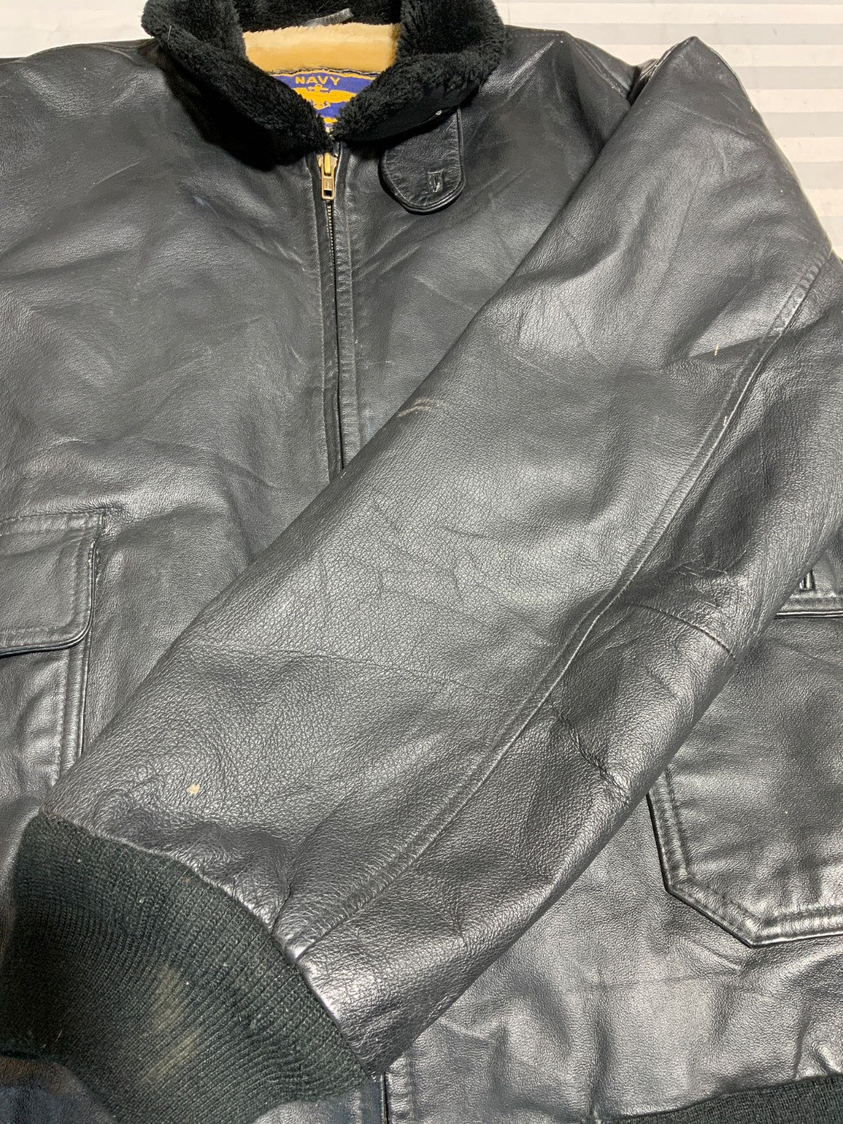 Vintage Navy Airborne Leather Flight Bomber Jacket 2XL Full Zip Sherpa Lined