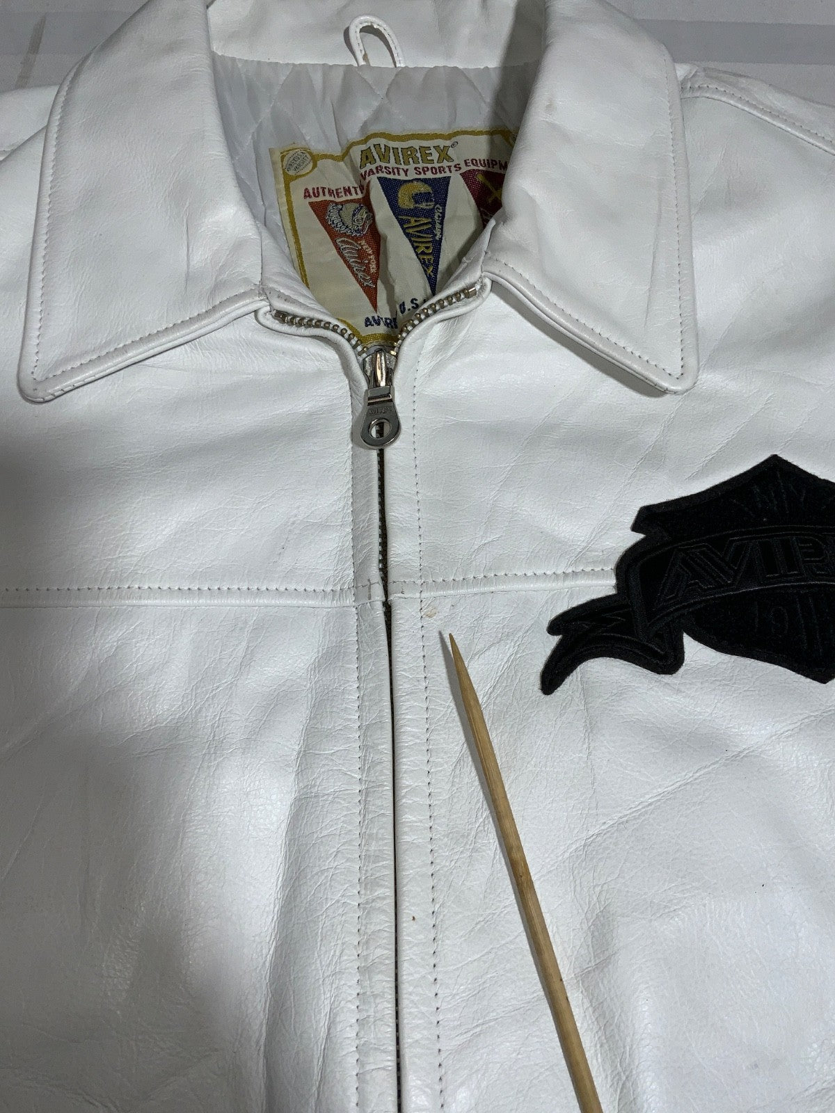 Vintage Avirex Usa Varsity Leather Bomber Jacket 3XL White Lined Full Zip