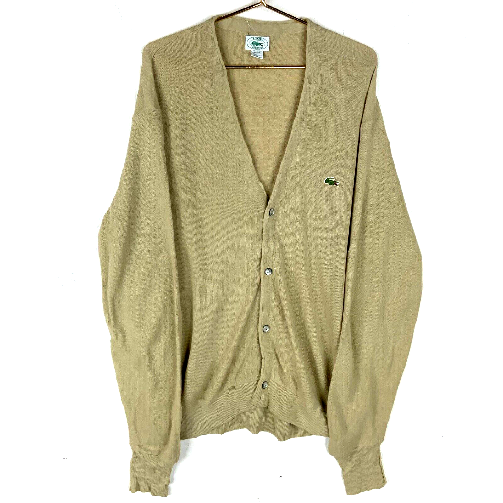 Vintage Lacoste Knit Sweater Large Beige Cardigan Made Usa 90s
