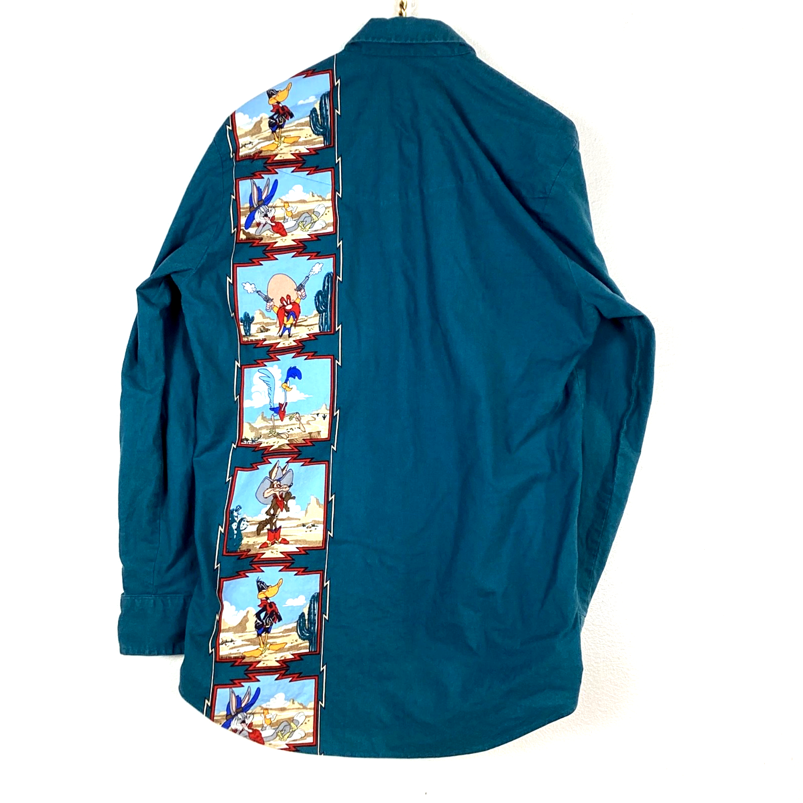 Vintage Looney Tunes Western Shirt Medium Green Long Sleeve Button Up 1993