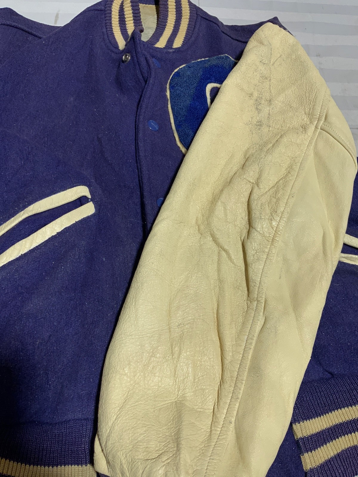 Vintage 1970s Wool Leather Varsity Bomber Jacket Small Blue Snap Button