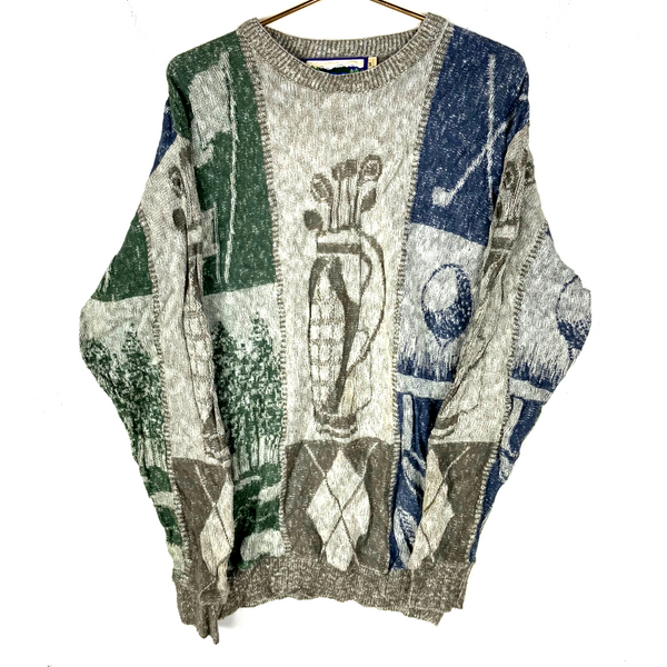Vintage 1990s Grandpa Knit Sweater Medium Multicolor Crewneck Golf