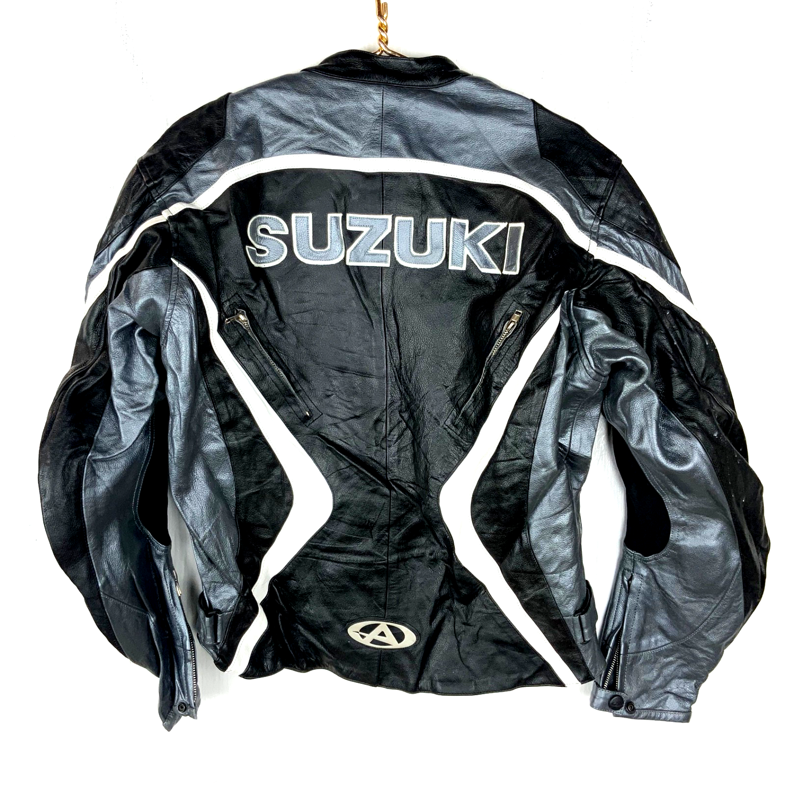 Suzuki Agv Motorcycle Leather Jacket Size 48 Black Full Zip Armoured