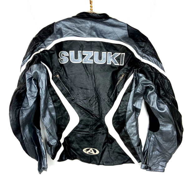 Suzuki Agv Motorcycle Leather Jacket Size 48 Black Full Zip Armoured