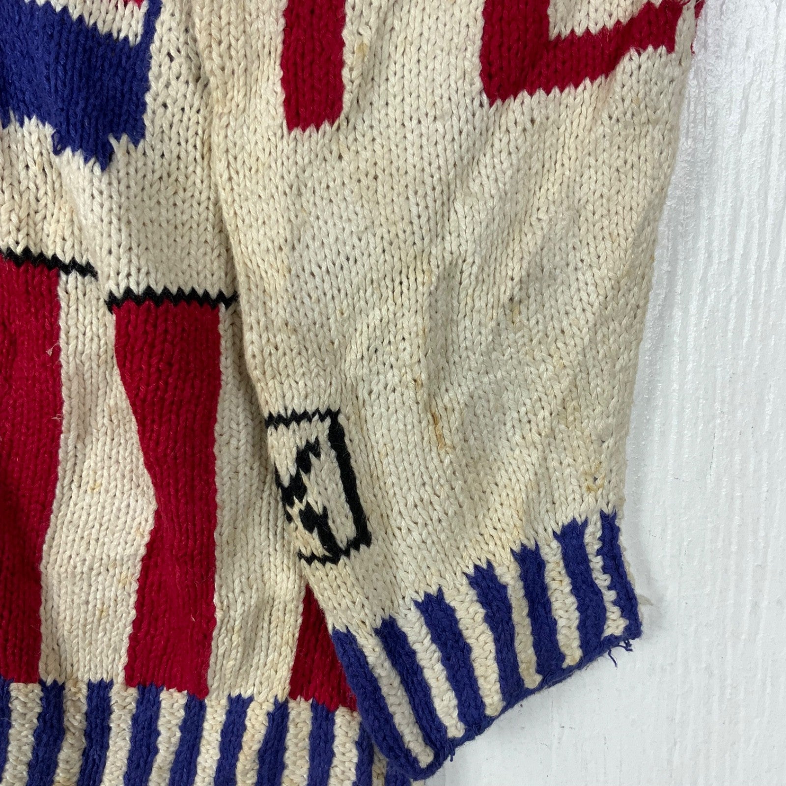 Vintage 1990s Grandpa Hand Knit Sweater Medium White Cardigan Election