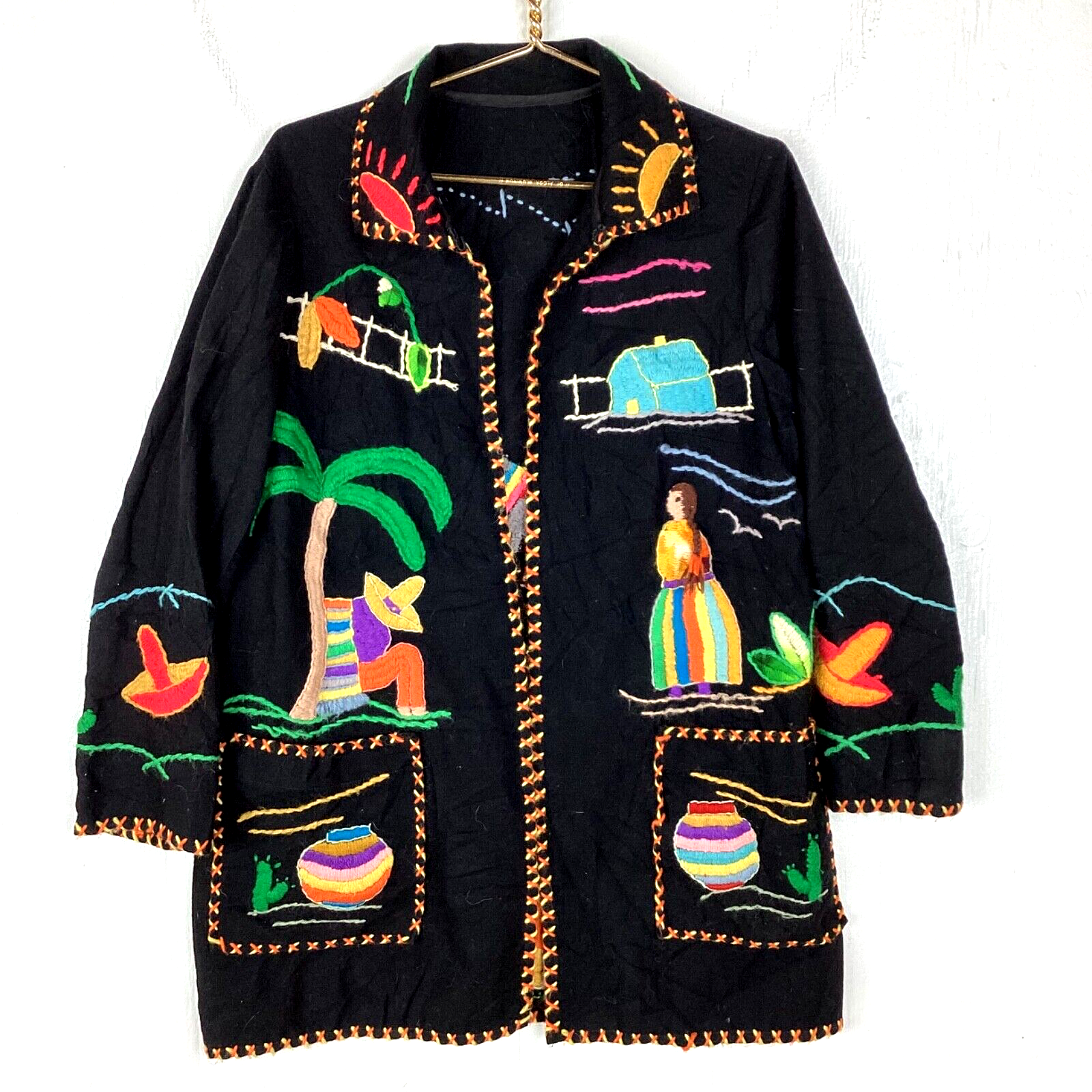 Vintage Mexican Souvenir Wool Cardigan Sweater Women's Medium Hand Made Shawl