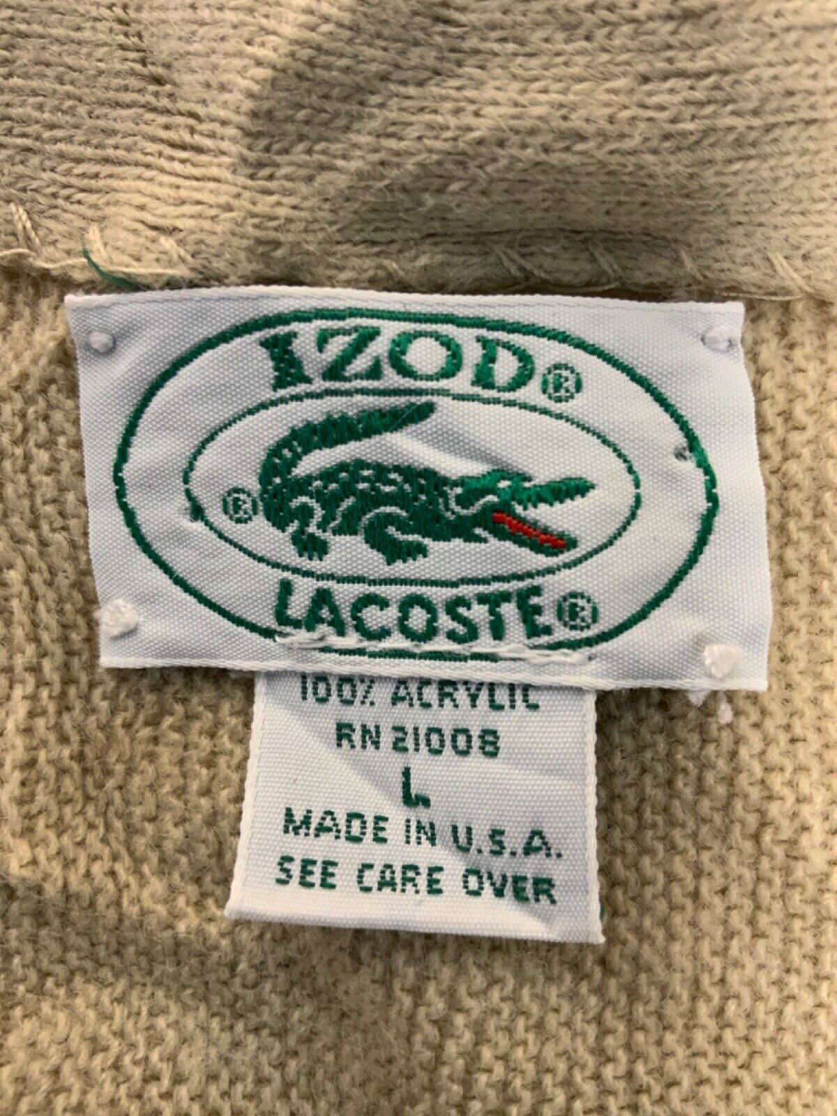 Vintage Lacoste Knit Sweater Large Beige Cardigan Made Usa 90s