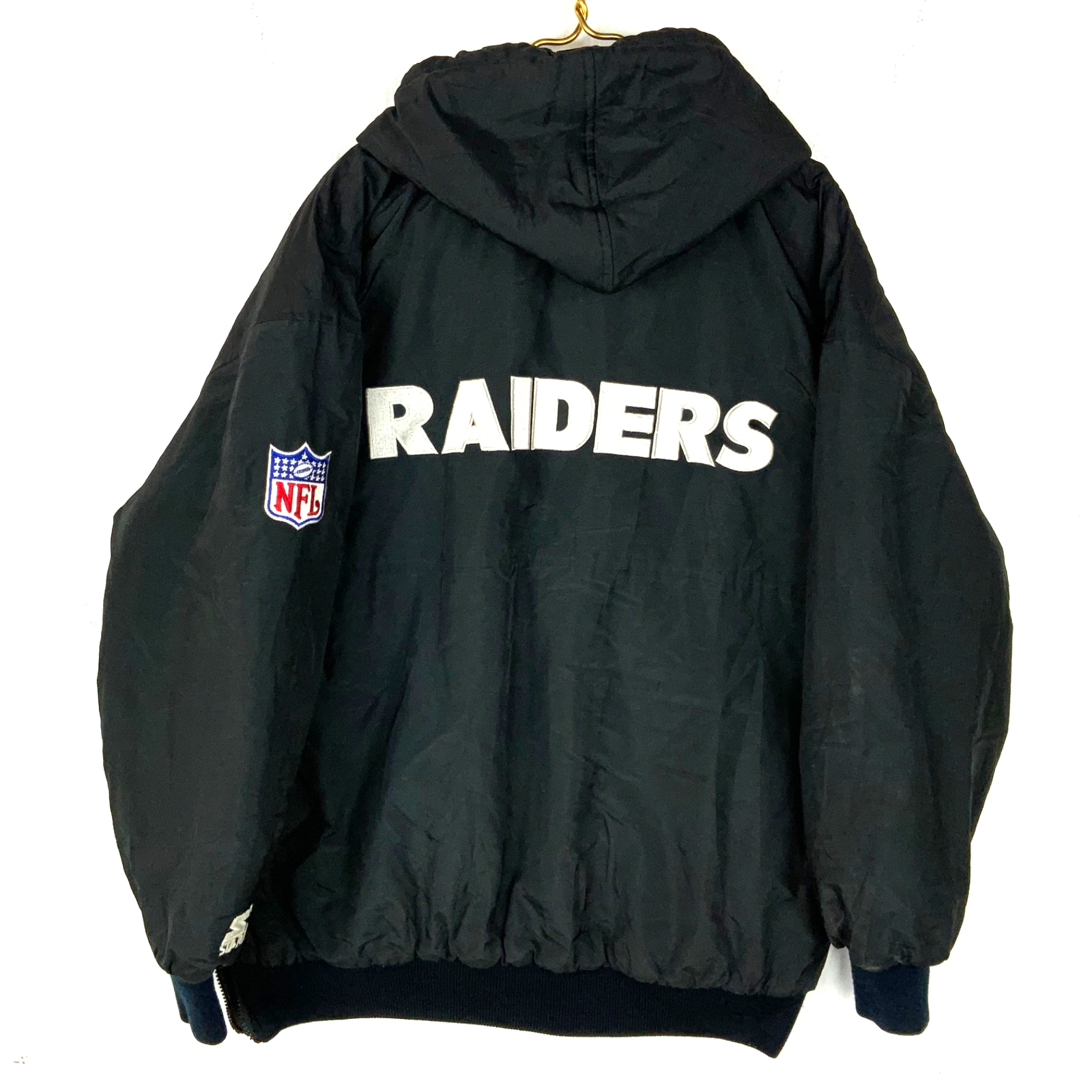 Vintage Oakland Raiders Starter Jacket Large Black Hooded Full Zip Puffer Nfl