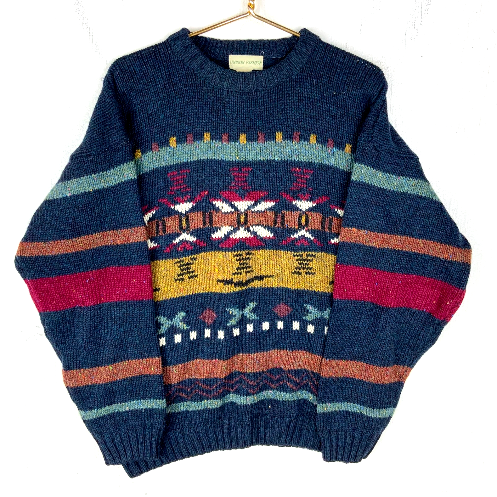 Vintage 1990s Grandpa Wool Knit Sweater Large Blue Crewneck Pattern