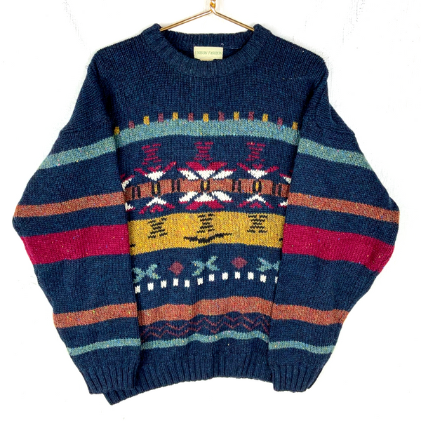 Vintage 1990s Grandpa Wool Knit Sweater Large Blue Crewneck Pattern