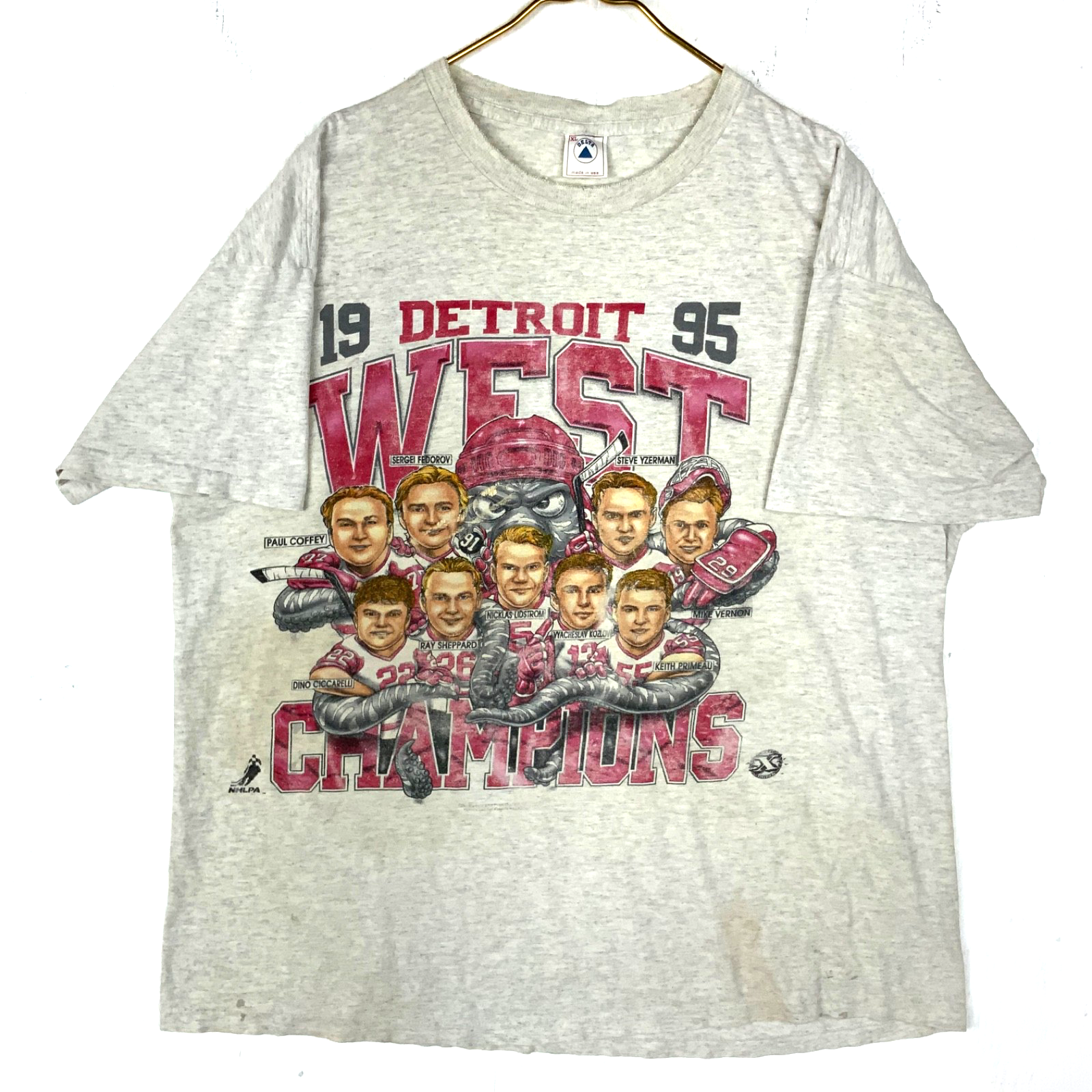 Vintage Detroit Red Wings Caricature T-Shirt XL Delta Nhl 1995 West Champs 90s