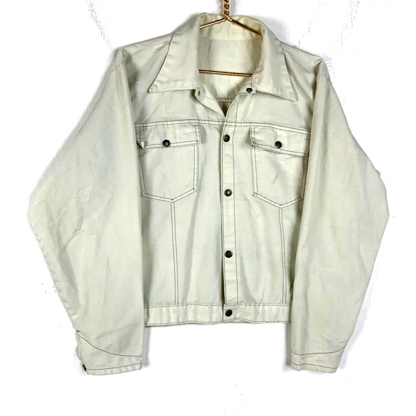 Vintage 1970s Denim Jean Jacket Size Large White Snap Button Long Sleeve