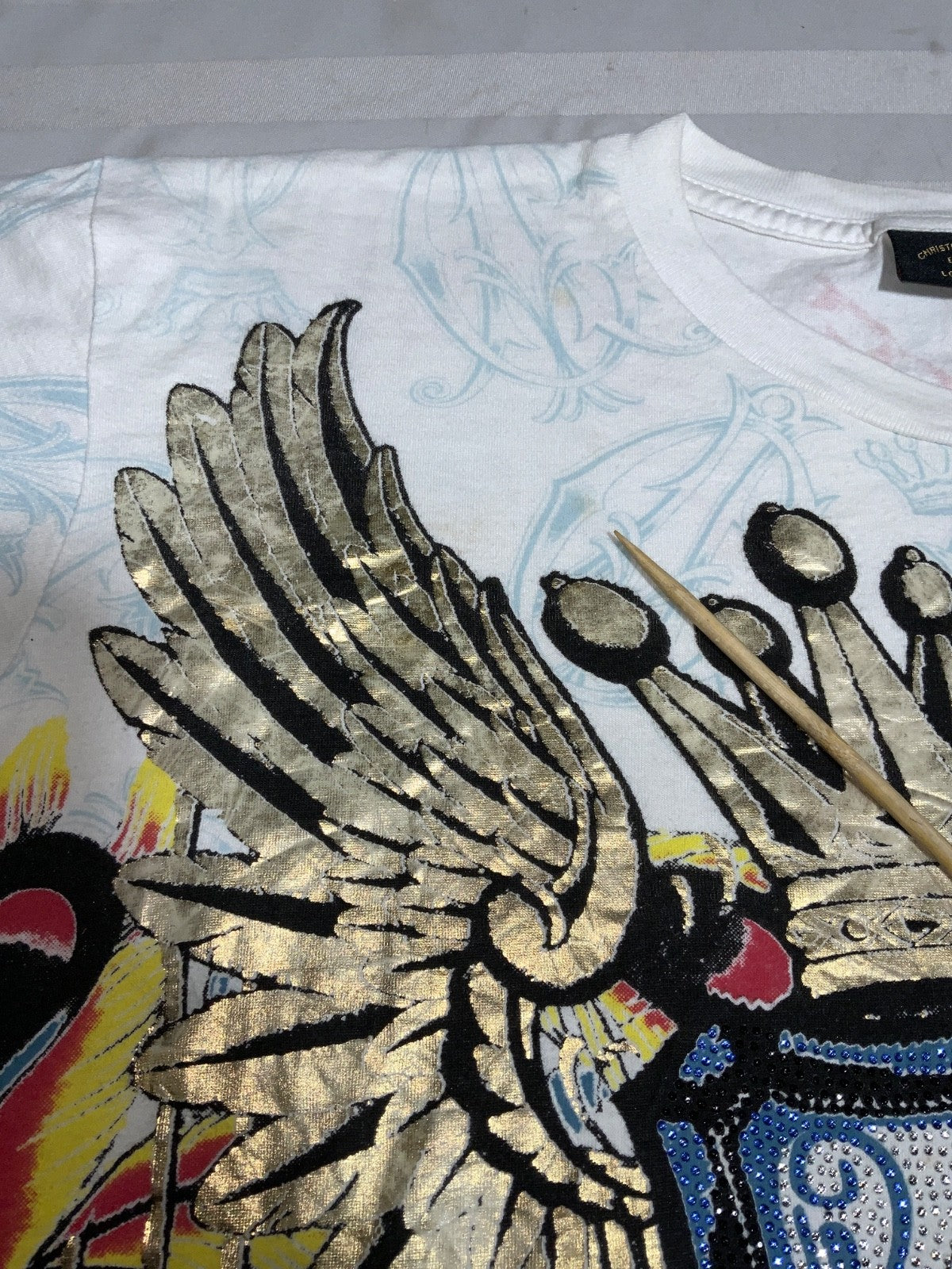 Vintage Christian Audigier T-Shirt XL White Made Usa All Over Print Studded Y2K