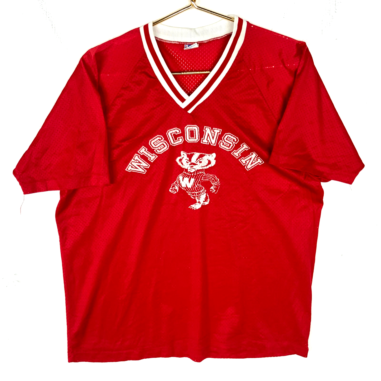 Vintage Wisconsin Badgers Jersey Large Champion Red Ncaa 1970s Blue Bar Mesh