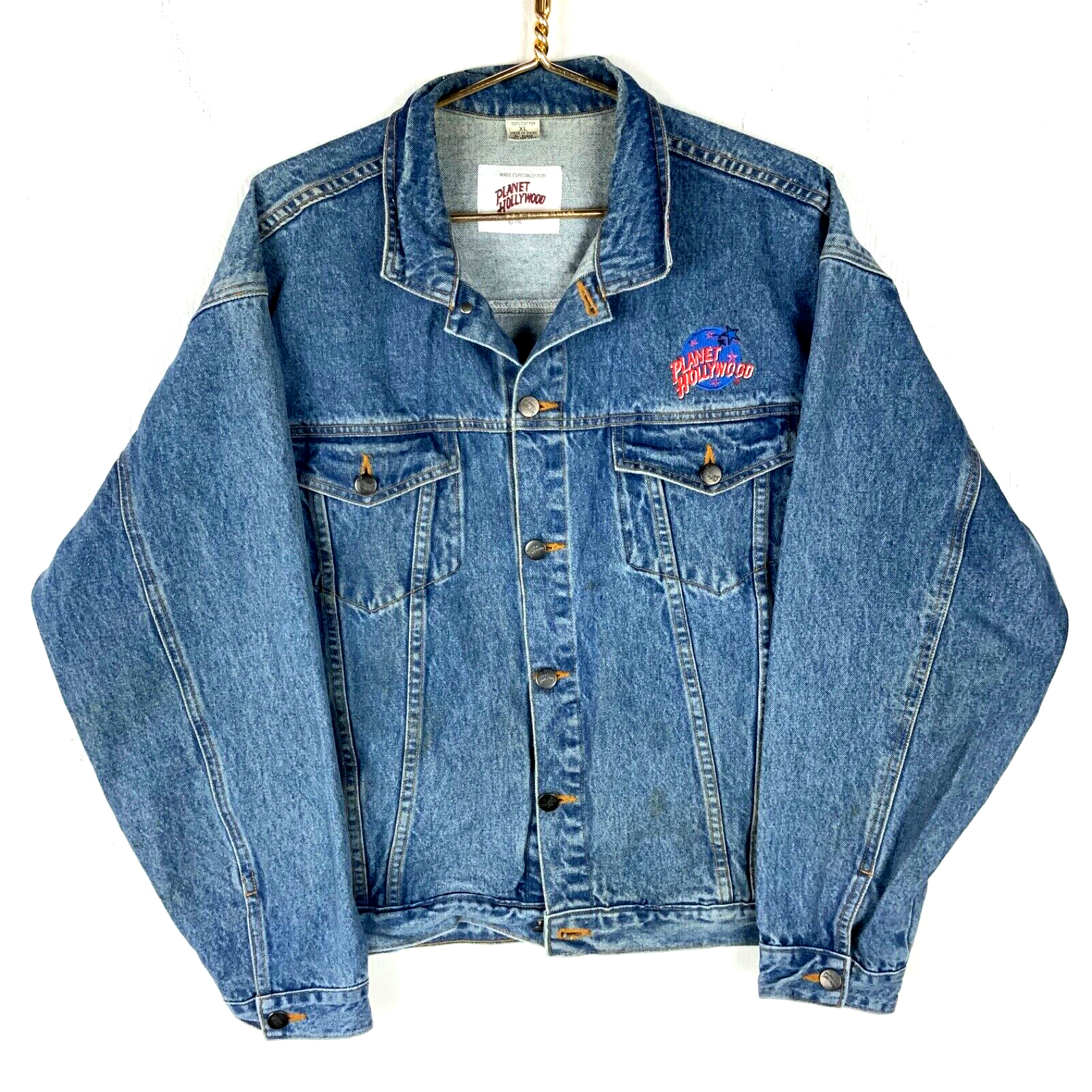 Vintage Planet Hollywood Denim Jean Jacket XL Blue Medium Wash 90s
