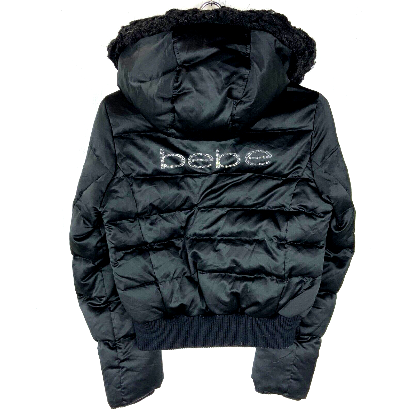 Bebe Women's Puffer Jacket Small Black Full Zip Hooded Bomber