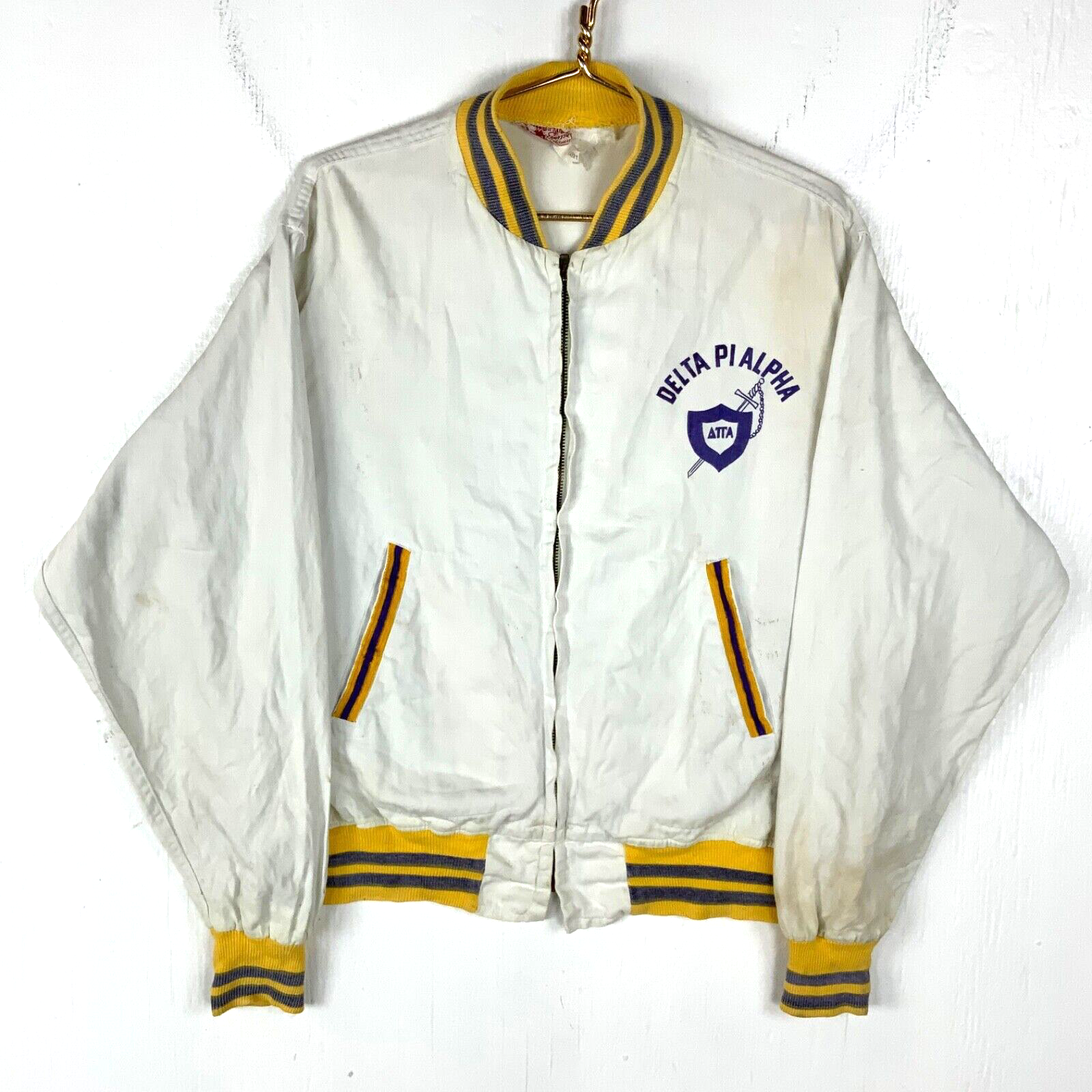 Vintage 1950s Jacket Large Full Zip Distressed Delta Pi Alpha Fraternity Bomber