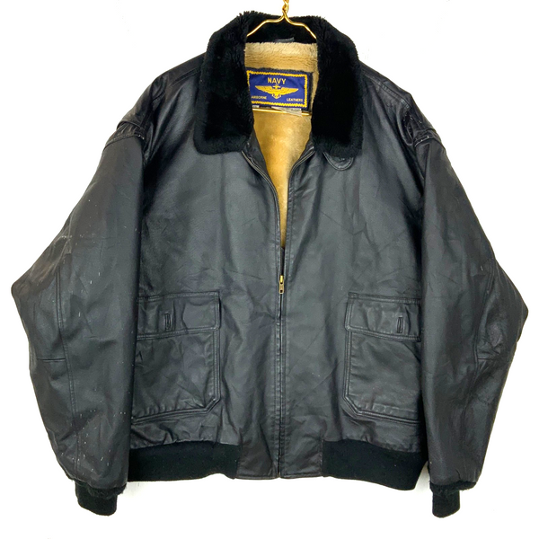 Vintage Navy Airborne Leather Flight Bomber Jacket 2XL Full Zip Sherpa Lined