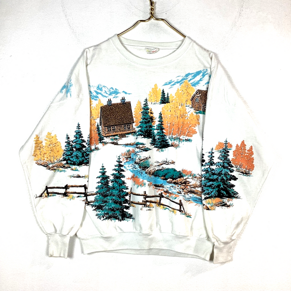 Vintage Nature Cabin Sweatshirt Crewneck One Size White AOP Made In Usa