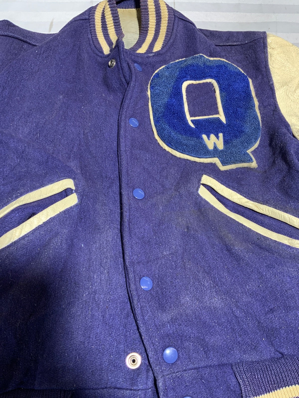 Vintage 1970s Wool Leather Varsity Bomber Jacket Small Blue Snap Button
