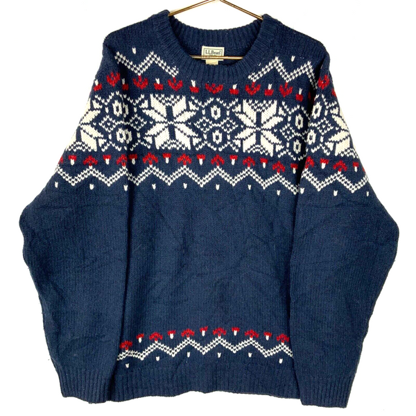 Vintage L.L.Bean Grandpa Knit Wool Sweater Size XL Blue Snowflake