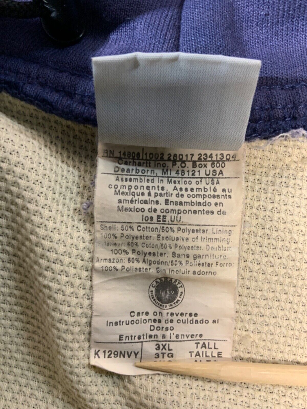 Vintage Carhartt Active Lined Sweatshirt Hoodie Jacket 3XL Tall Blue Workwear
