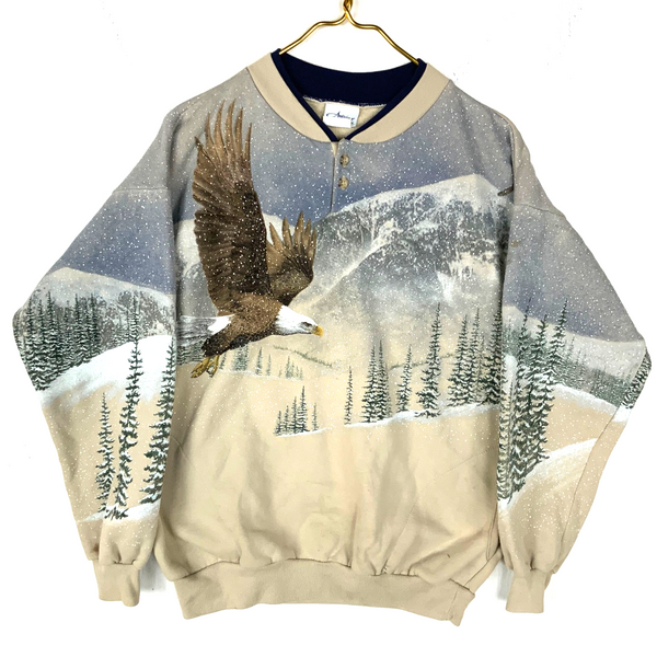 Vintage Wildlife Eagle Sweatshirt Henley Medium All Over Print Wildlife Usa 90s