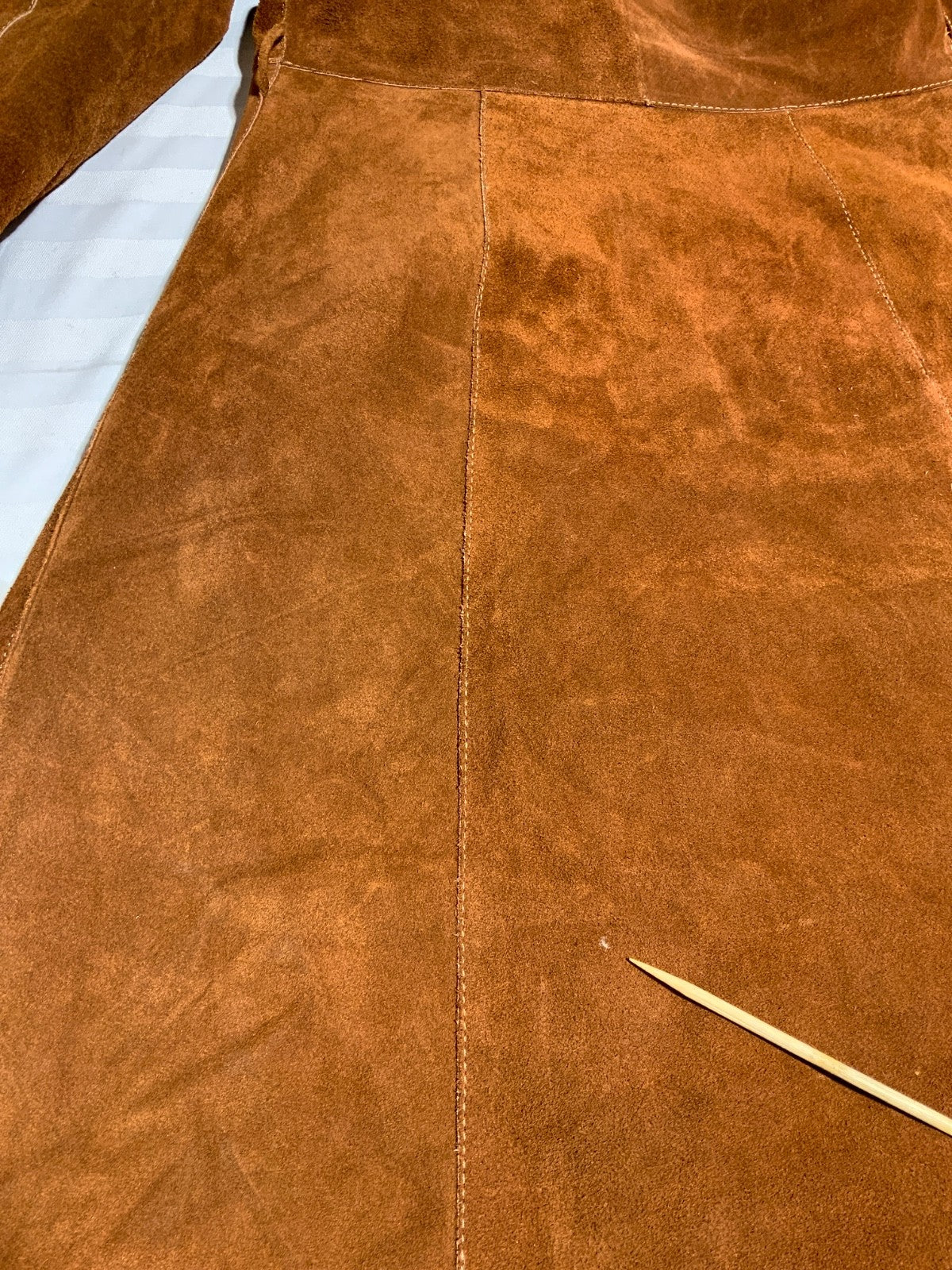 Vintage 1980s Suede Leather Trench Coat Jacket Small Brown Hooded Button Up