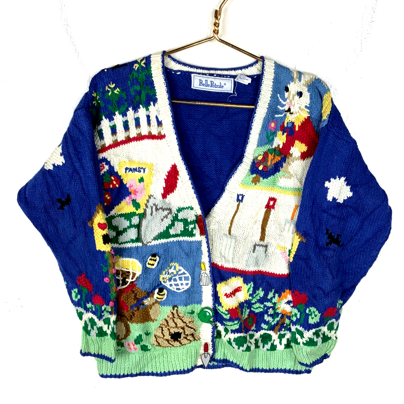 Vintage 1990s Grandma Knit Sweater Women’s Small Blue Cardigan Garden