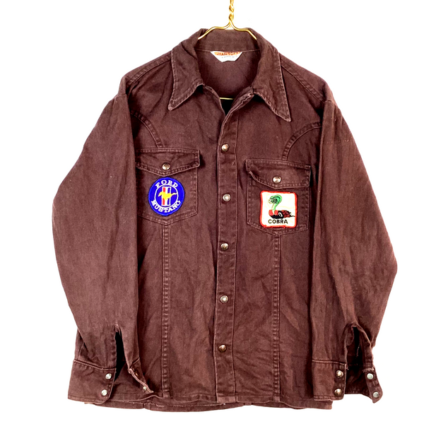 Vintage 1980s Denim Shirt Jacket Medium Brown Snap Button Ford Mustang Cobra