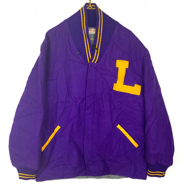 Vintage Wilson Letterman Wool Varsity Bomber Jacket XL Purple Snap Button 1970s